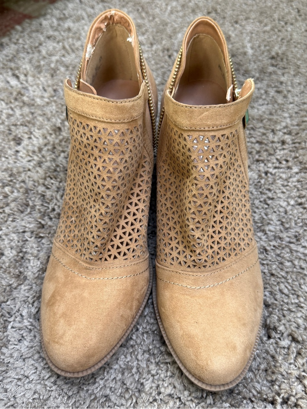 Fergie Perforated Tan Suede Ankle Booties